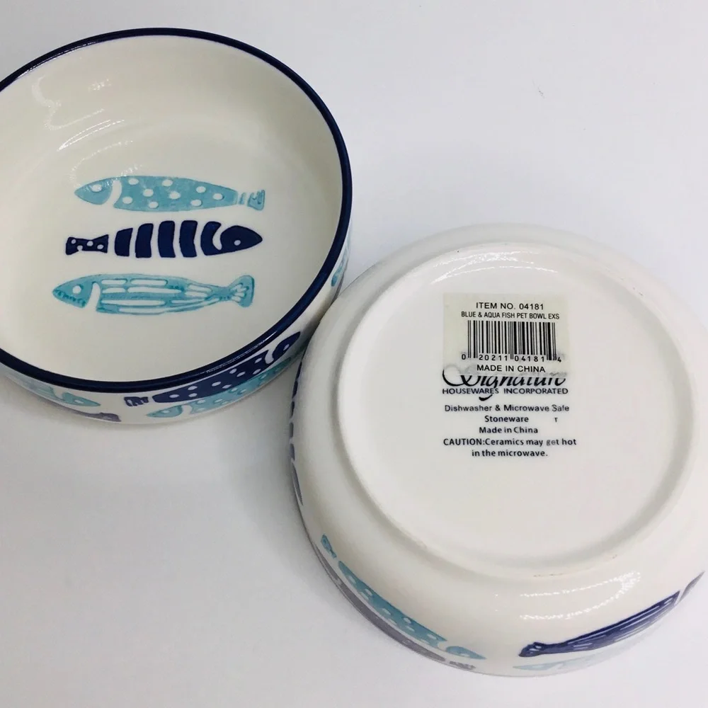 2 Signature Cat Bowls Blue and Aqua Fisk Pet Bowls 5” X 2” New